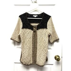 Coldwater Creek Sweater Textured Knit Black Tan Button Up Cardigan Cotton Size M